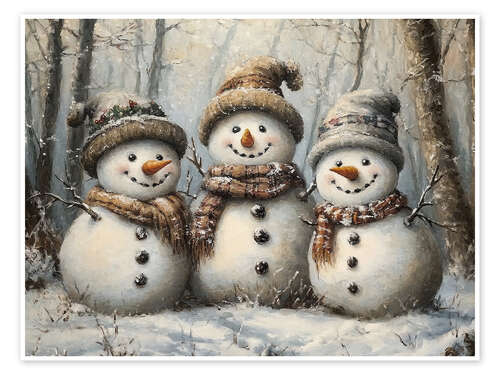 Plakat Three happy rustic snowmen