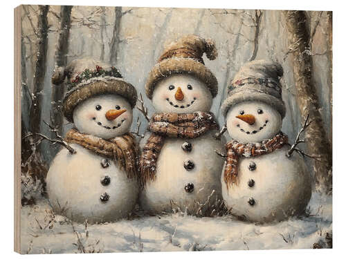 Print på træ Three happy rustic snowmen