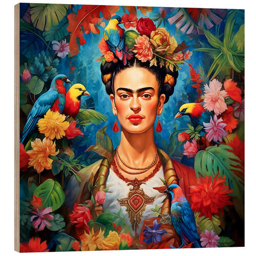 Wood print Frida Kahlo vintage floral portrait