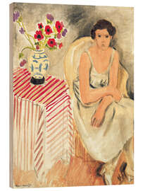 Holzbild Frau auf einem Stuhl und Nelkenblumen, 1920