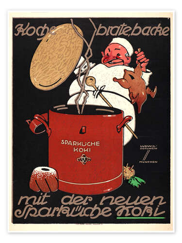 Póster Koche, brate, backe mit der neuen Sparküche Koki, 1914
