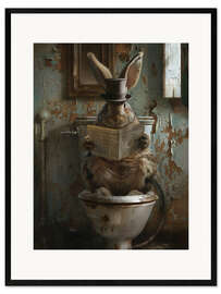Kehystetty taidepainatus Rabbit reading newspaper on toilet
