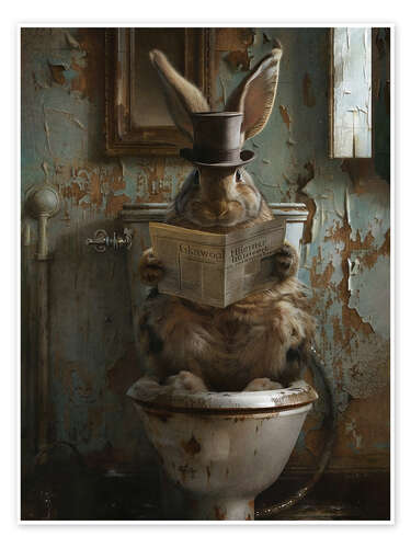 Poster Rabbit reading newspaper on toilet