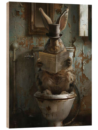 Tableau en bois Rabbit reading newspaper on toilet