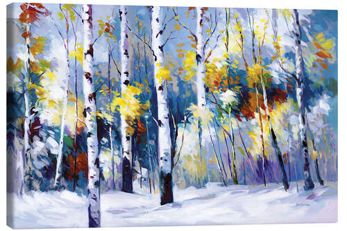 Leinwandbild Birken im verschneiten Wald, Herbst