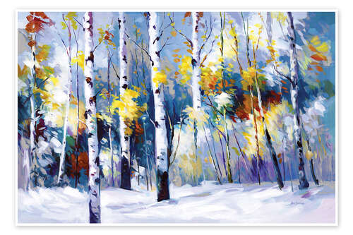 Poster Birch trees in a snowy forest, autumn