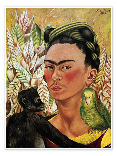 Poster Self-portrait with Monkey and Parrot, 1942