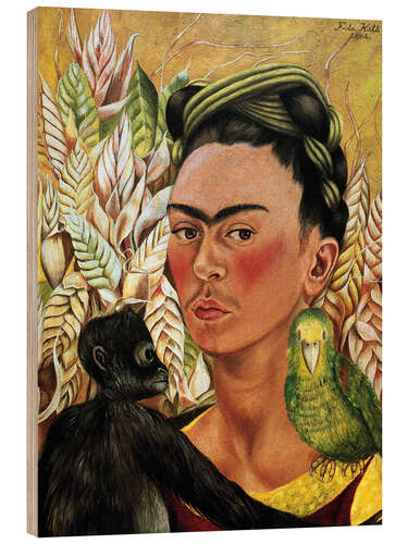 Tableau en bois Self-portrait with Monkey and Parrot, 1942