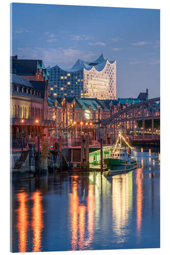 Acrylglasbild Elbphilharmonie und Speicherstadt am Abend