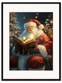 Stampa artistica con cornice Vintage Santa Claus with a Book and Christmas Tree