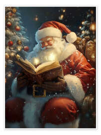 Poster Vintage Santa Claus with a Book and Christmas Tree