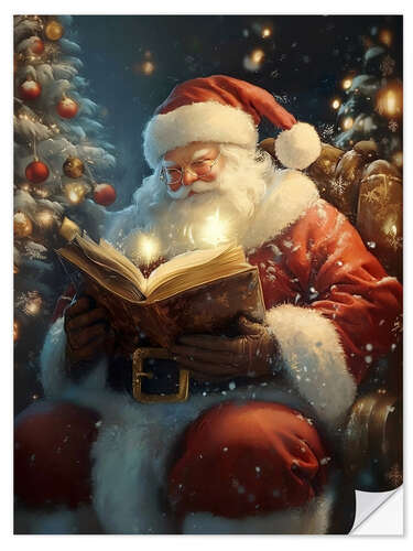 Selvklæbende plakat Vintage Santa Claus with a Book and Christmas Tree