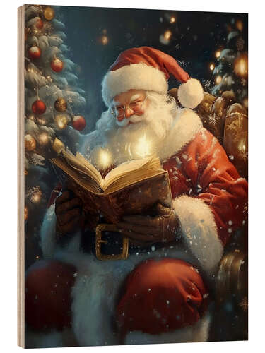 Wood print Vintage Santa Claus with a Book and Christmas Tree