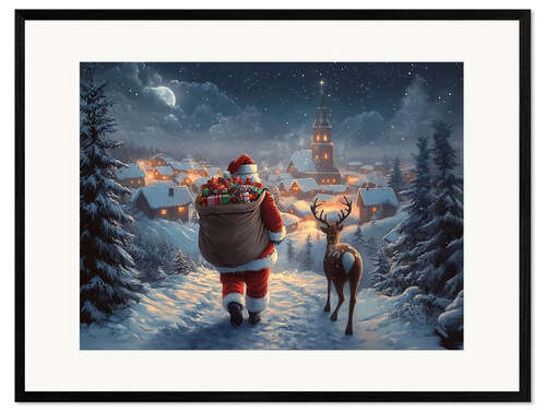 Innrammet kunsttrykk Vintage Christmas Santa Claus & Reindeer