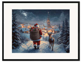 Innrammet kunsttrykk Vintage Christmas Santa Claus &amp; Reindeer