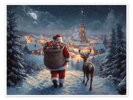 Póster Vintage Christmas Santa Claus &amp; Reindeer