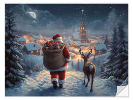 Muursticker Vintage Christmas Santa Claus &amp; Reindeer