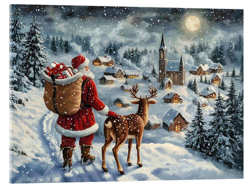 Acrylic print Vintage Christmas Santa Claus & Reindeer