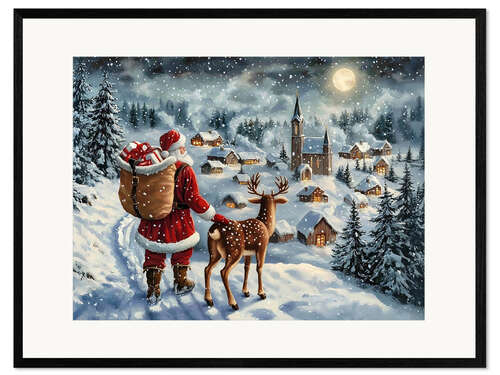 Innrammet kunsttrykk Vintage Christmas Santa Claus & Reindeer