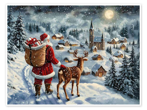 Póster Vintage Christmas Santa Claus & Reindeer