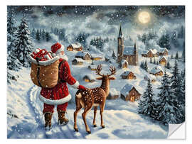 Adesivo murale Vintage Christmas Santa Claus &amp; Reindeer