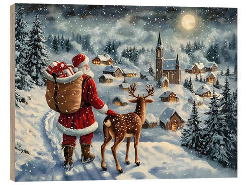 Hout print Vintage Christmas Santa Claus & Reindeer