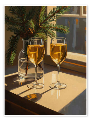 Poster Champagne glasses and fir branches