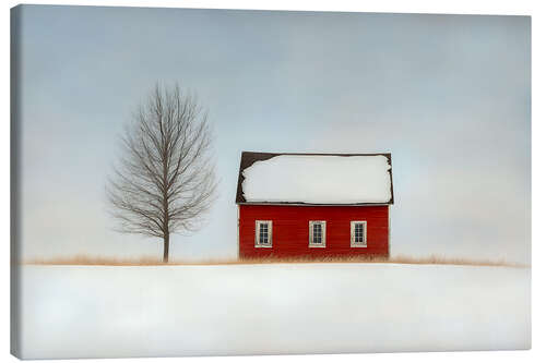 Leinwandbild Rotes Haus im Schnee