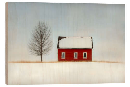 Holzbild Rotes Haus im Schnee