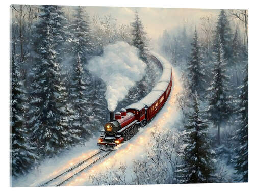 Tableau en verre acrylique Red Steam Train in Snowy Christmas Forest