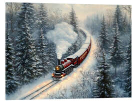 Tableau en verre acrylique Red Steam Train in Snowy Christmas Forest - TAlex