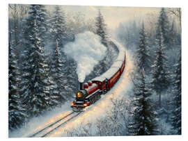 Hartschaumbild Roter Dampfzug im verschneiten Weihnachtswald