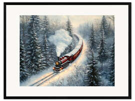 Gerahmter Kunstdruck Roter Dampfzug im verschneiten Weihnachtswald