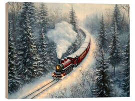 Tableau en bois Red Steam Train in Snowy Christmas Forest - TAlex
