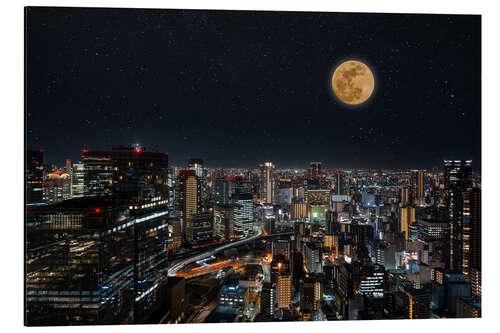 Alubild Vollmond über moderner Stadt