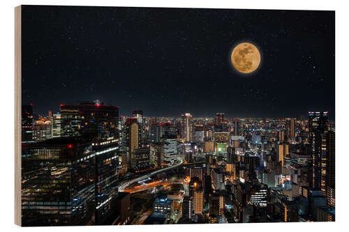 Wood print Full moon over modern city