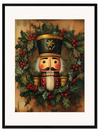 Gerahmter Kunstdruck Nussknacker mit Kranz und Stechpalmenblättern