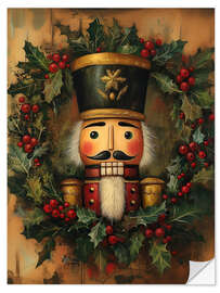 Wandsticker Nussknacker mit Kranz und Stechpalmenblättern