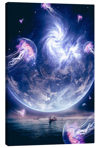 Lienzo Fishermen and the jellyfish dance in the space