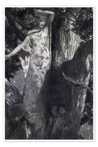 Poster Young dryad balancing in the branches of the treetop