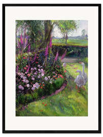 Gerahmter Kunstdruck Rosenbeet und Gänse, 1992