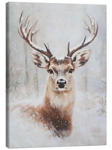 Canvas print Portrait of a Christmas deer in a snowy forest