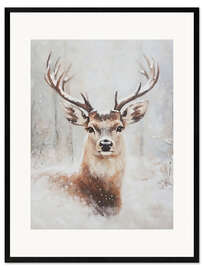 Gerahmter Kunstdruck Portrait Weihnachtshirsch im verschneiten Wald