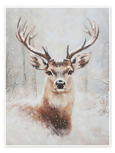 Poster Portrait of a Christmas deer in a snowy forest