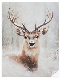 Wandsticker Portrait Weihnachtshirsch im verschneiten Wald