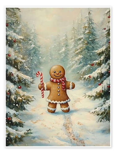 Póster Vintage Gingerbread Girl in Christmas Forest