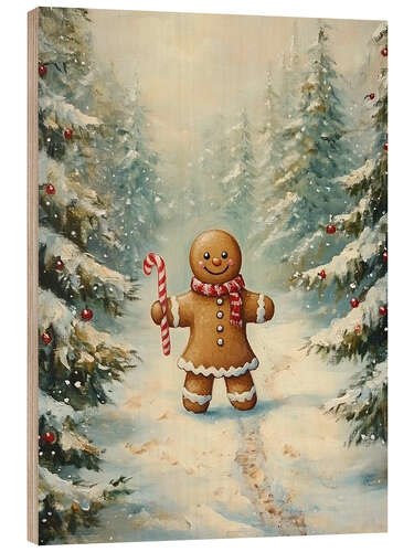 Print på træ Vintage Gingerbread Girl in Christmas Forest