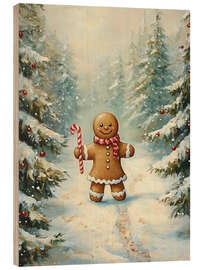 Print på træ Vintage Gingerbread Girl in Christmas Forest - TAlex