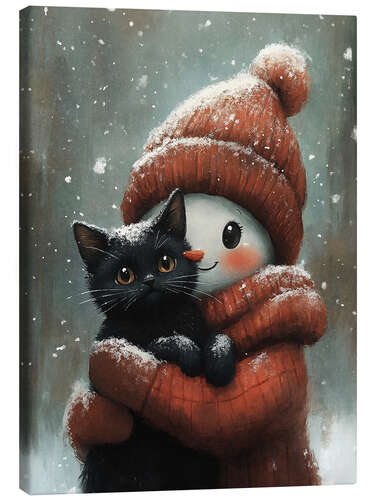 Canvas print Snowman hugs a black cat