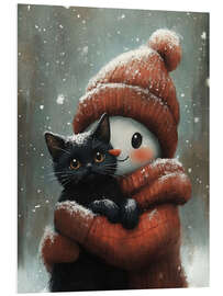 Hartschaumbild Schneemann umarmt eine schwarze Katze